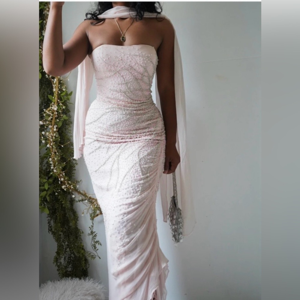 Vintage 100% Silk Beaded Dress Vintage Beaded Dress Pink Strapless Prom Fairy - Picture 5 of 17